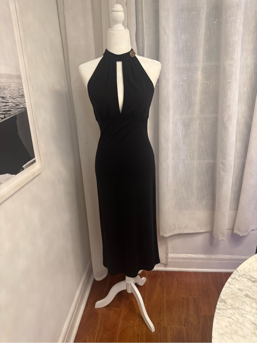 ABS by Allen Schwartz Chic Black Halter Midi Dress with Front Keyhole